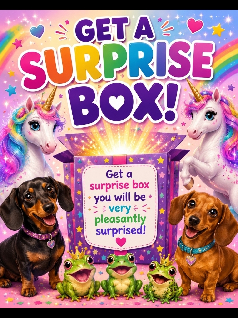 Surprise Box Party Banner - Rainbow Unicorn, Dachshund & Frog Design